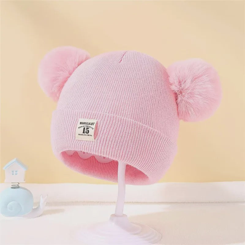 Warme Gebreide Babymuts met Dubbele Pompon - Winter Muts voor Jongens en Meisjes