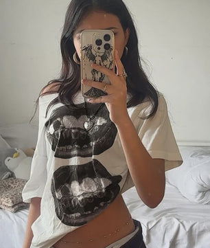 Dames T-shirt met Streetwear Hip Hop Mondprint - Losse Pasvorm
