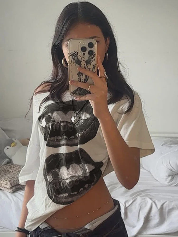 Dames T-shirt met Streetwear Hip Hop Mondprint - Losse Pasvorm