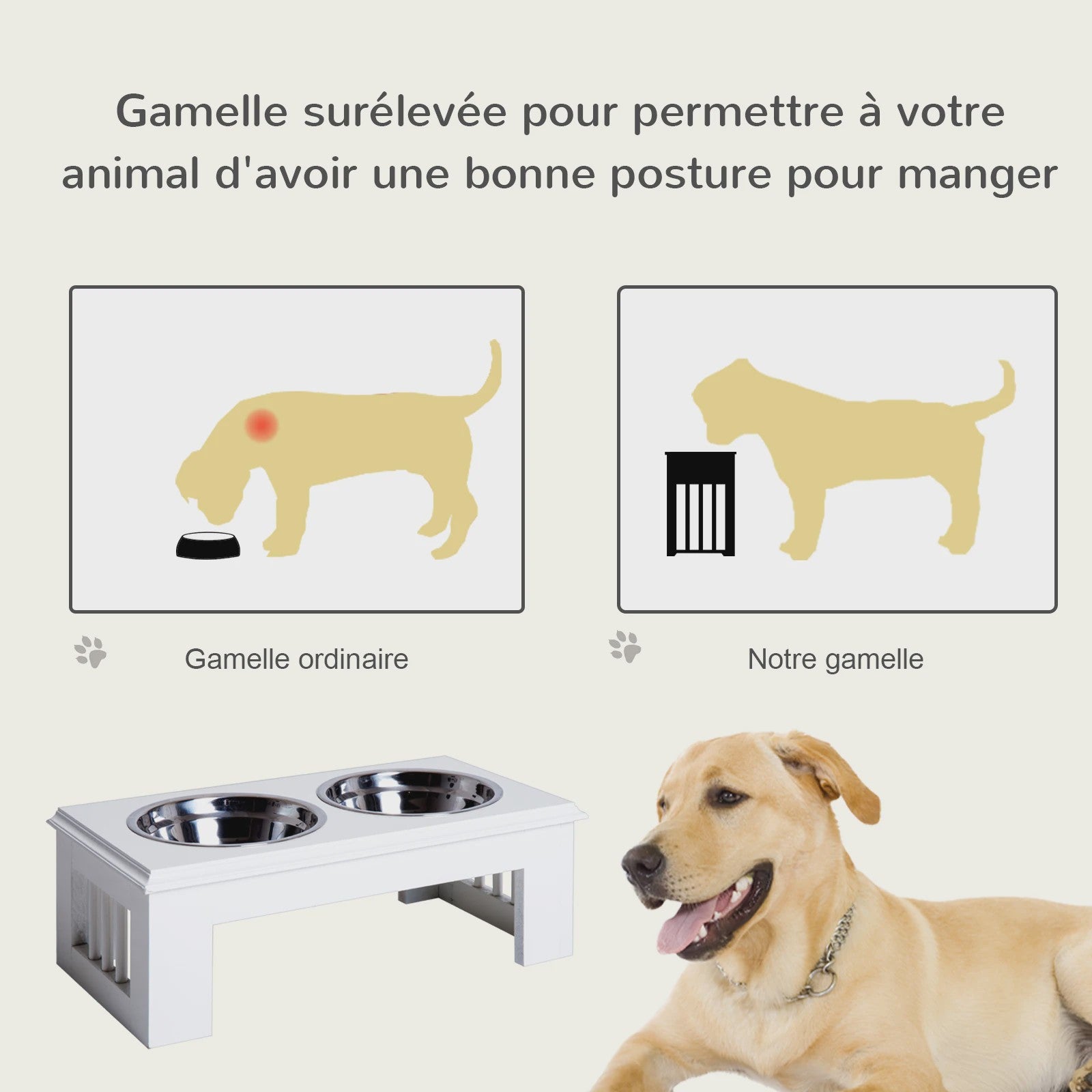 Verhoogde Dubbele Voerbak voor Honden met RVS kommen - Wit