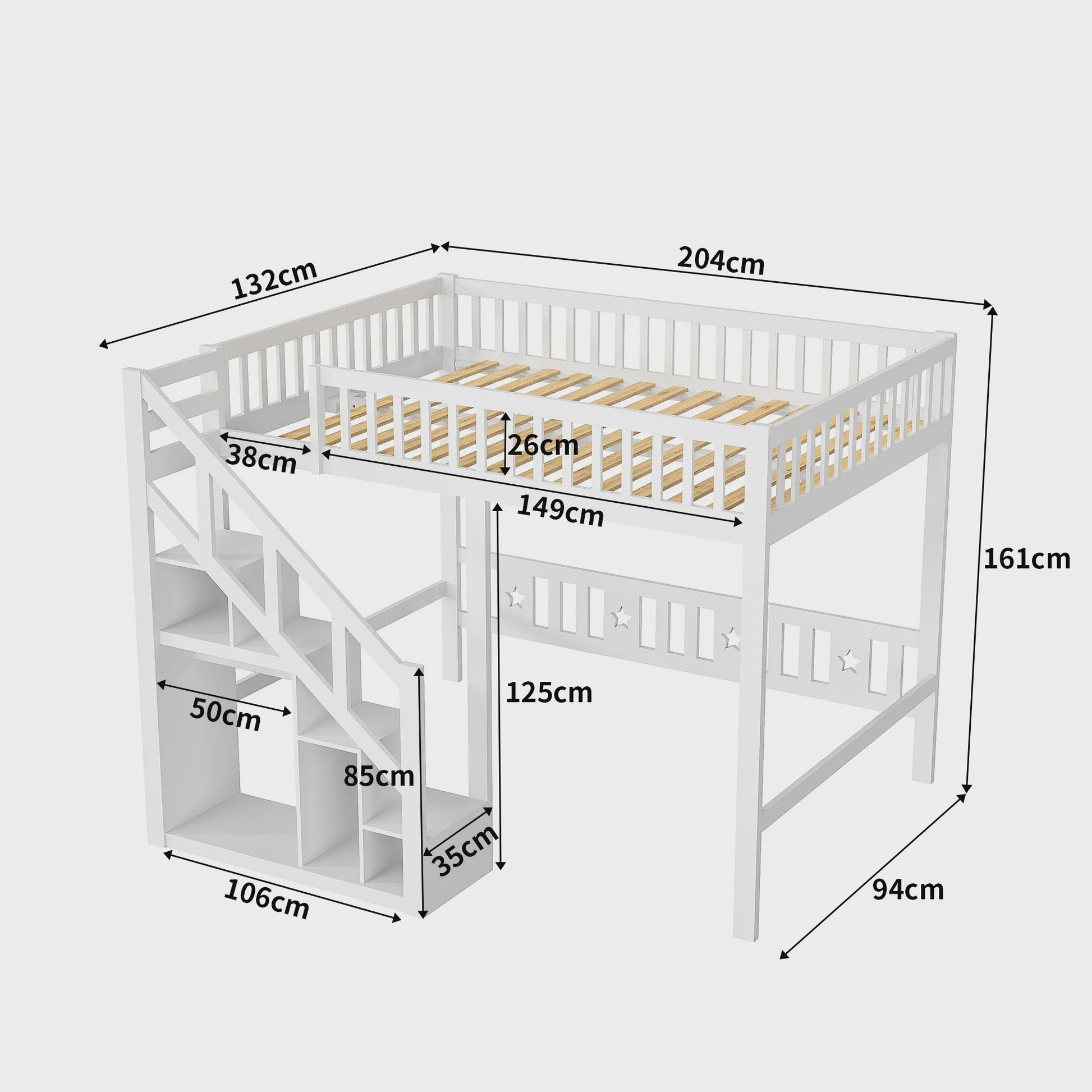 Wit Kinder Hoogslaper met Trap en Opbergkast - 90x200cm - Multifunctioneel Speelbed