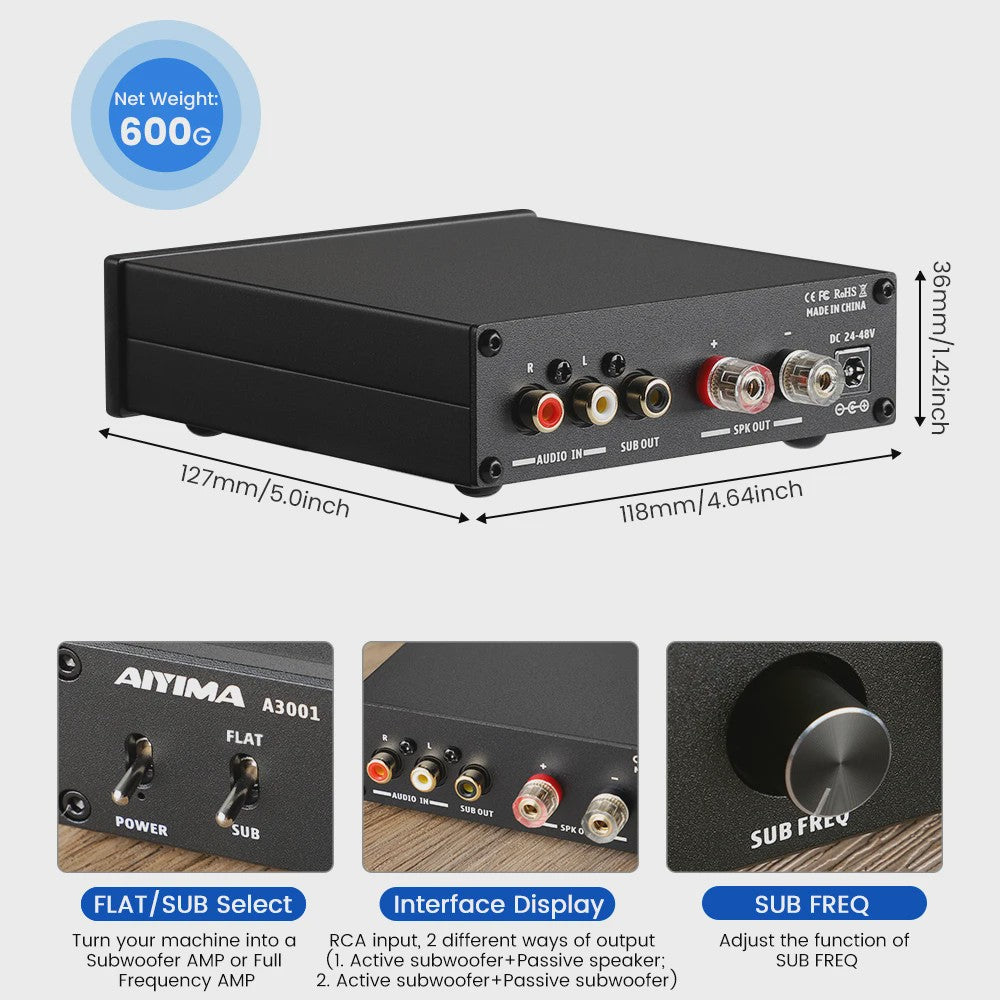 AIYIMA A3001 TPA3255 Subwoofer Versterker - 300W HIFI Mono Klasse D Home Audio