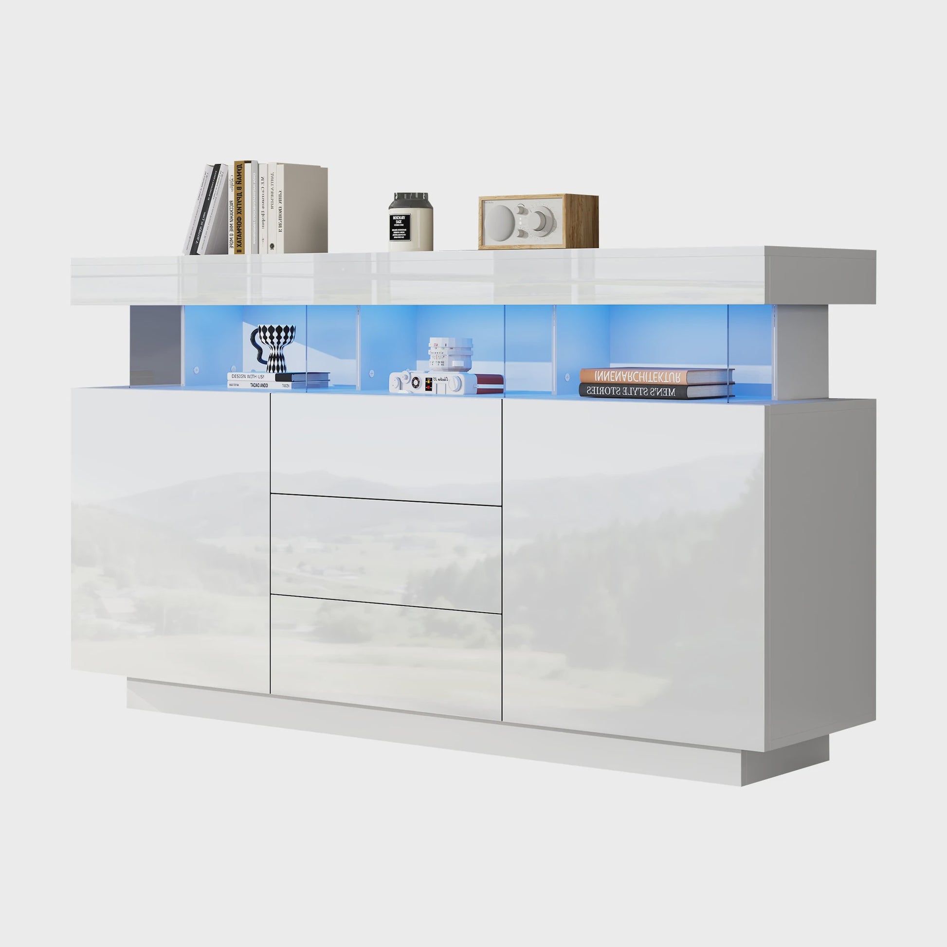 Moderne Dressoir 140cm Hoogglans Wit met LED Verlichting en 16 Kleuren