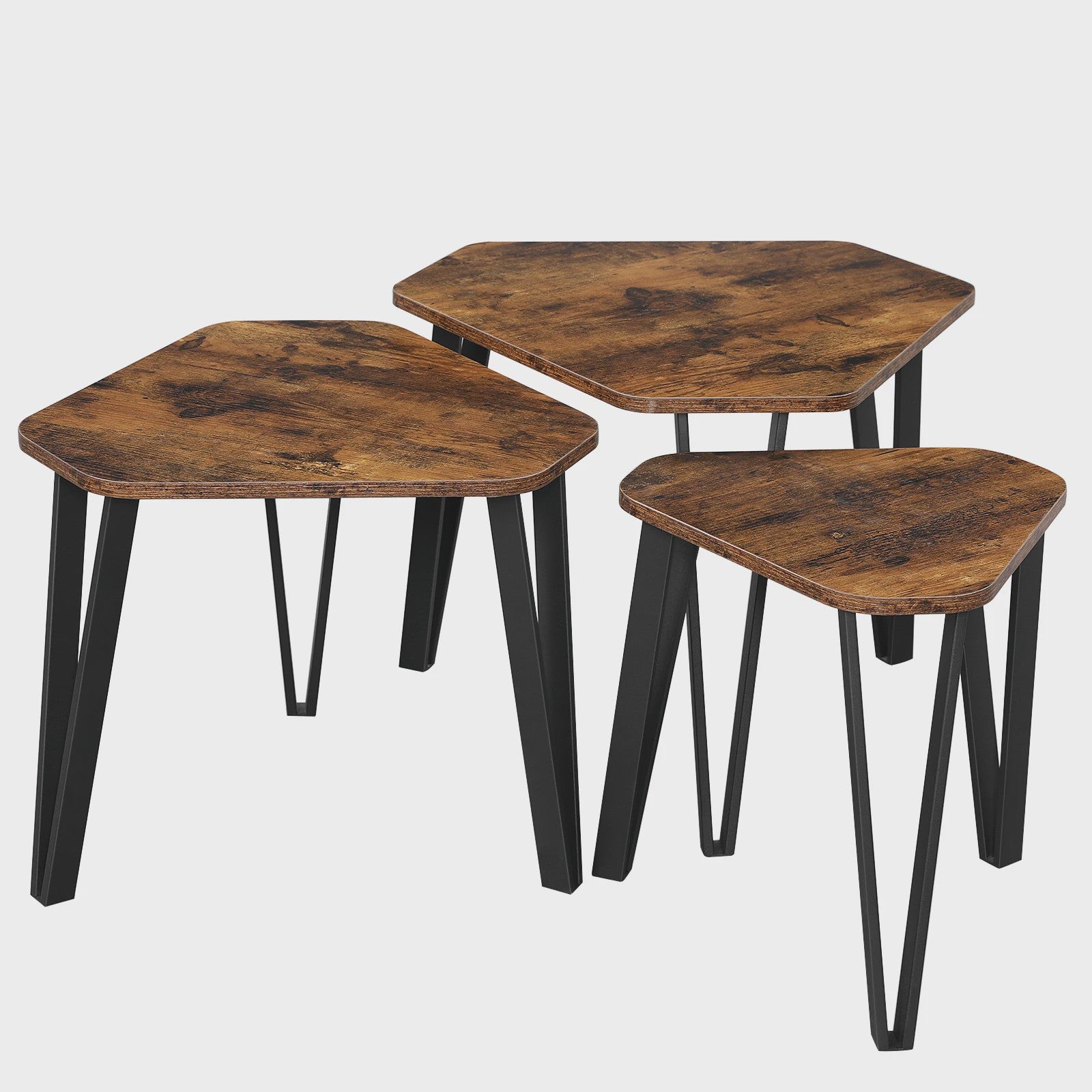 Set van 3 bijzettafels met metalen poten, rustiek design