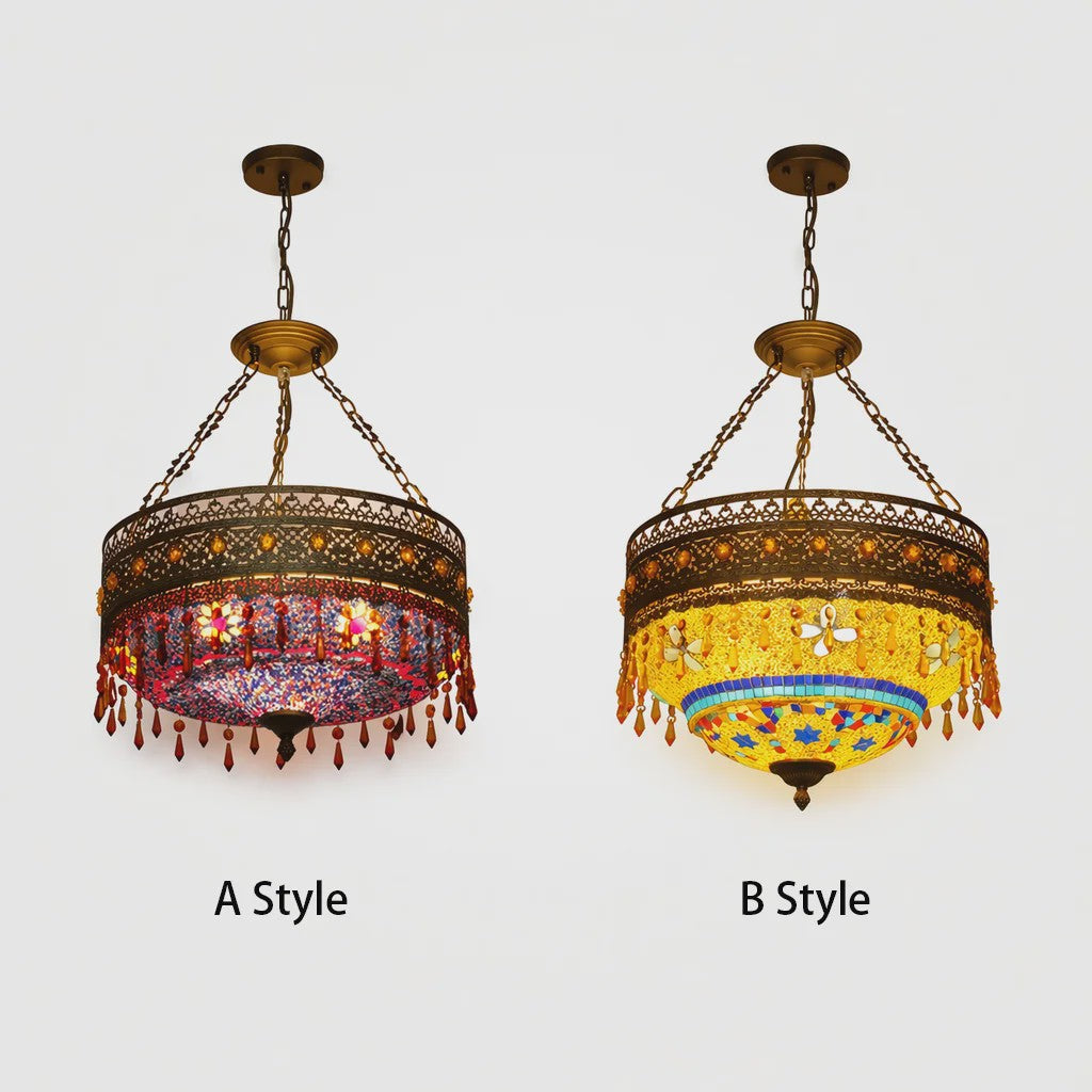 Handgemaakte Turkse Mozaïek Hanglamp - Vintage Marokkaanse Kroonluchter met Kleurrijk Glas