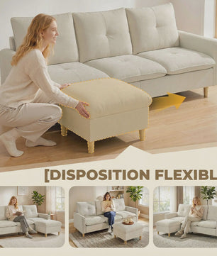 HOMCOM 3-zits bank met opbergpouf - Verstelbare hoek, brede zitting, linnenlook stof, crème