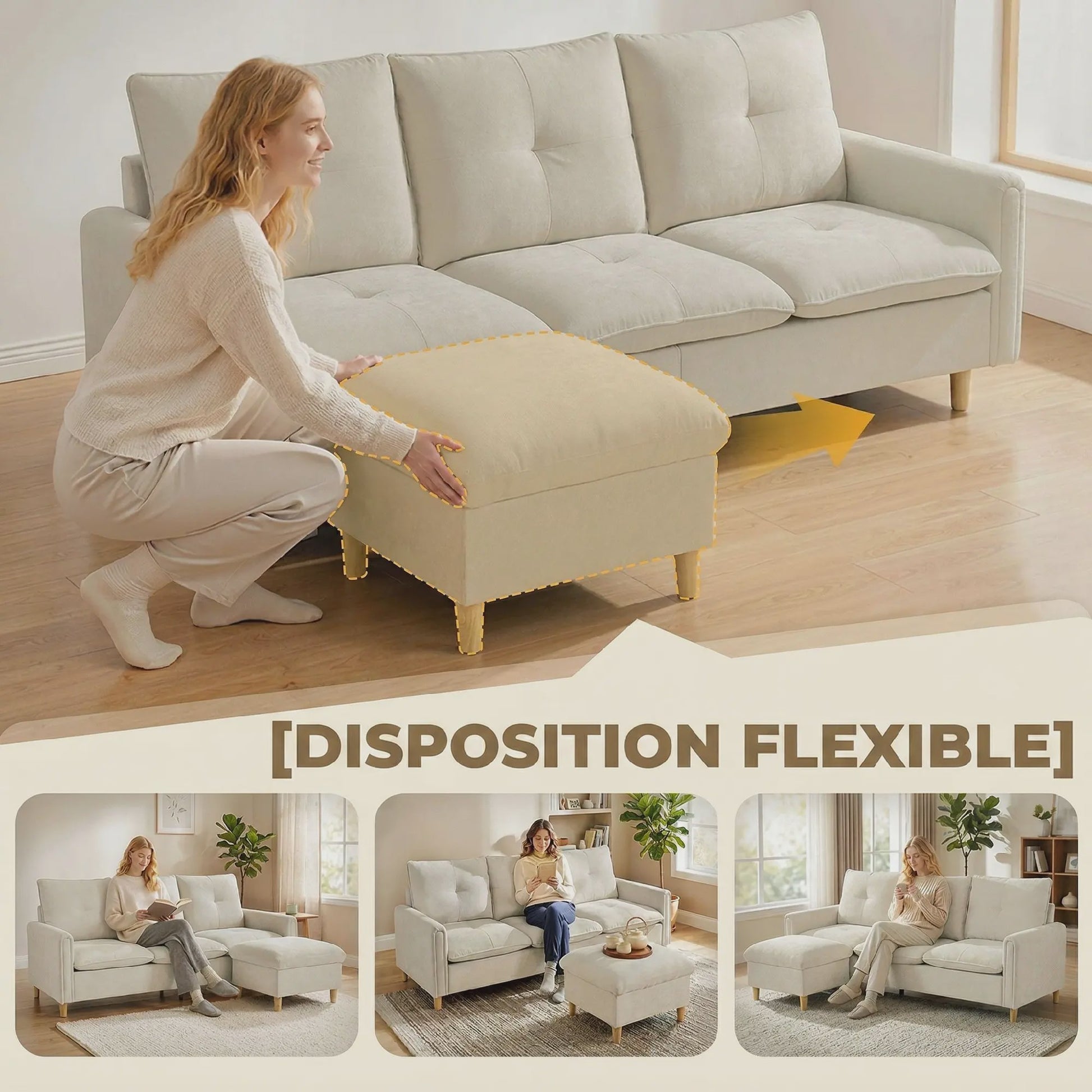 HOMCOM 3-zits bank met opbergpouf - Verstelbare hoek, brede zitting, linnenlook stof, crème
