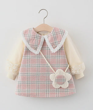 Schattige Baby Meisjes Jurk met Ruitpatroon, Kant en Lange Mouwen - Lente/Herfst