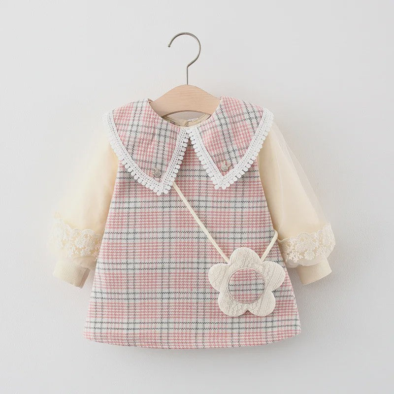 Schattige Baby Meisjes Jurk met Ruitpatroon, Kant en Lange Mouwen - Lente/Herfst
