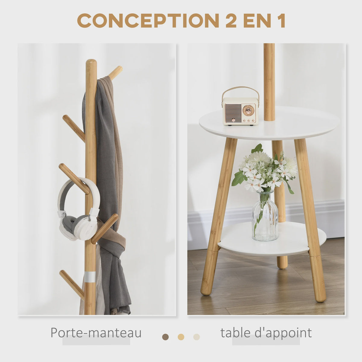 HOMCOM Kapstok met 2-in-1 Tafel en Opbergruimte - Bamboe
