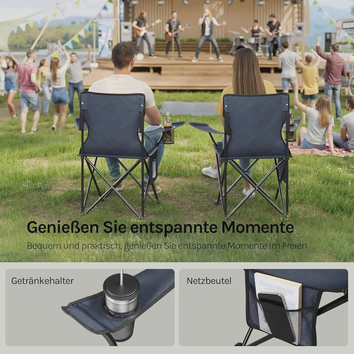 Set van 2 Campingstoelen met Drankhouder en Zijvak - Inclusief Draagtassen