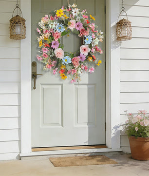 Kleurrijke Kunstbloemen Krans - Lente, Pasen, Valentijn Deurdecoratie & Woonaccessoire