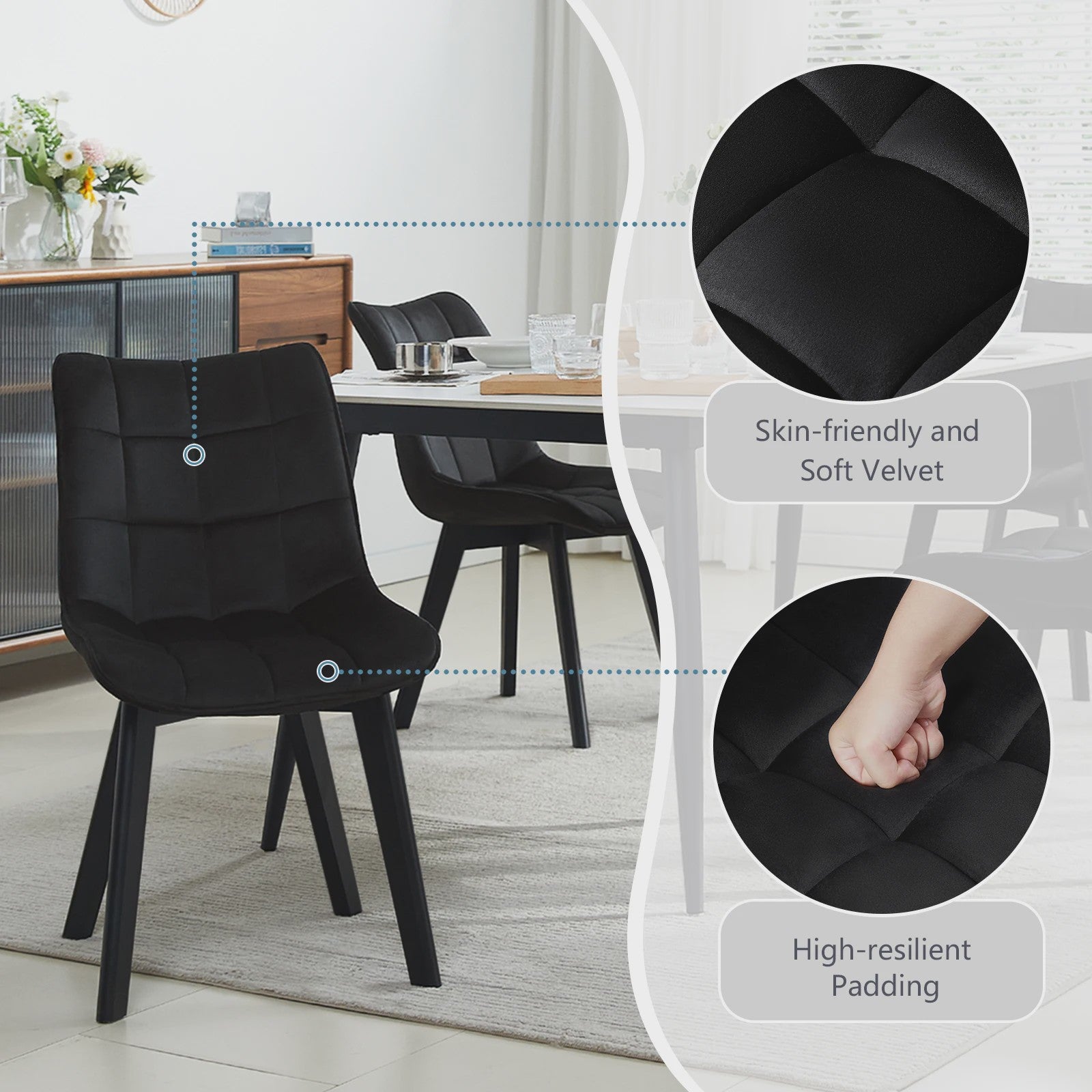 Set van 2 fluwelen eetkamerstoelen met rugleuning en houten poten - Comfortabel en stijlvol