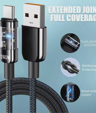 240W Nylon USB-C Snellader Kabel met LED Display - Snel Data en Opladen