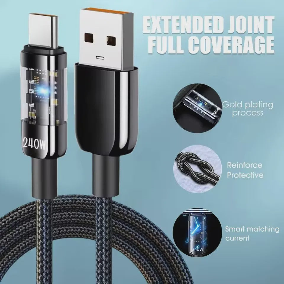 240W Nylon USB-C Snellader Kabel met LED Display - Snel Data en Opladen