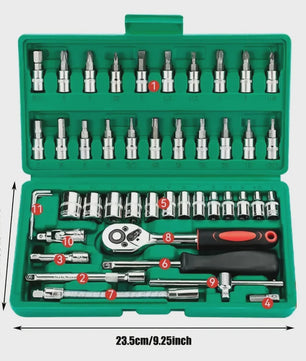 46-delige Monteurs Gereedschapskist: Complete Set met Ratel, Sockets en Bits voor Auto Reparatie en Huisgebruik