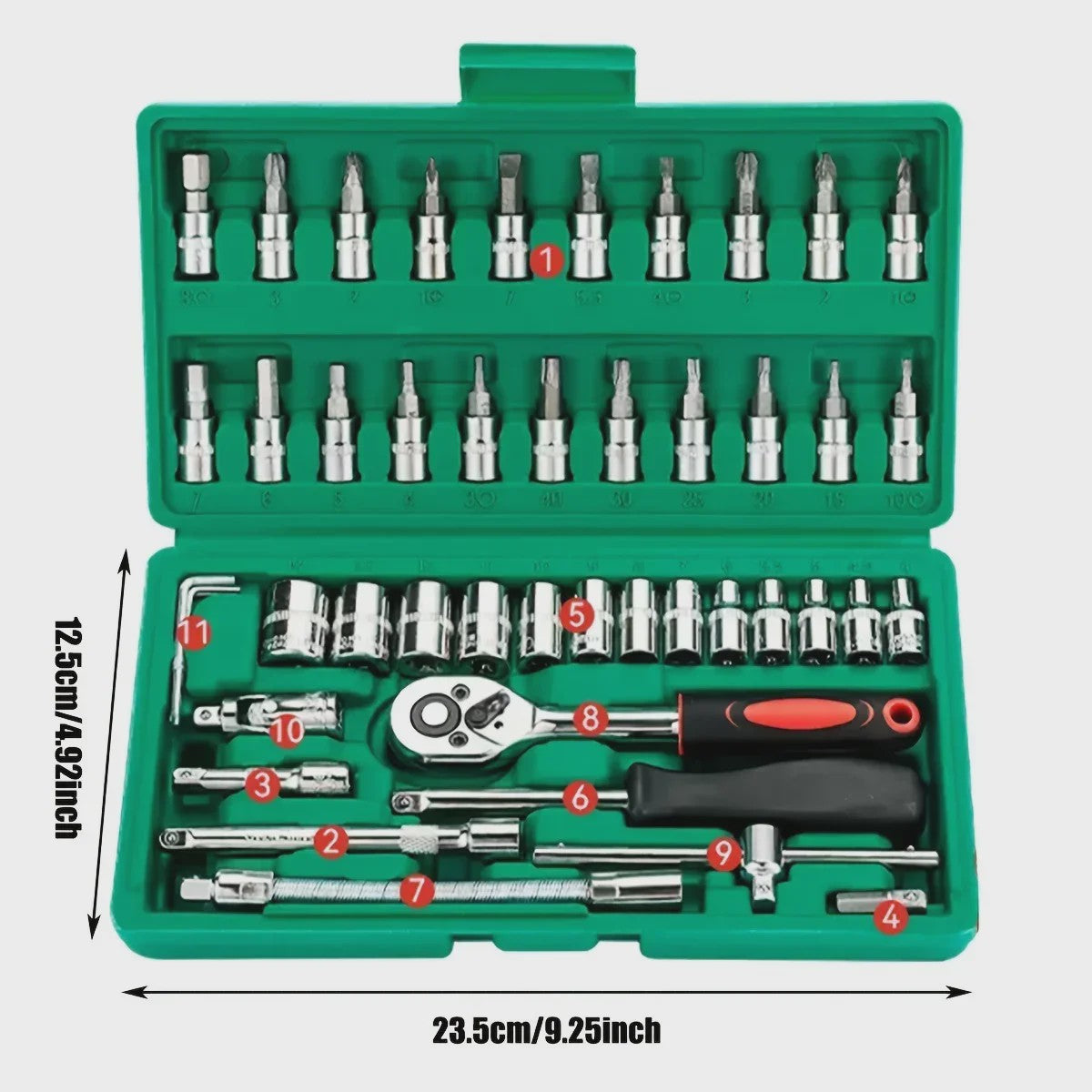 46-delige Monteurs Gereedschapskist: Complete Set met Ratel, Sockets en Bits voor Auto Reparatie en Huisgebruik