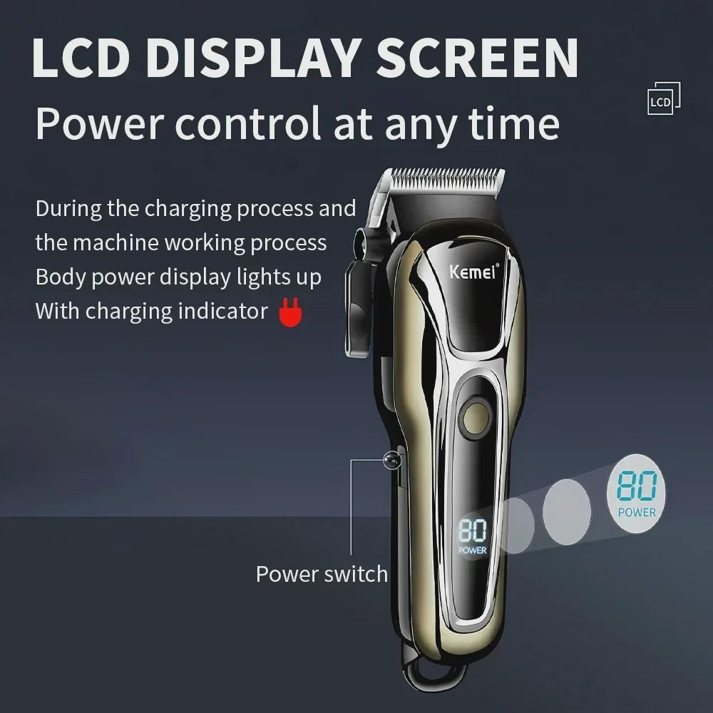 Professionele Draadloze Baard- en Haartrimmer Kemei KM-PG1990A met LCD Display & USB Opladen