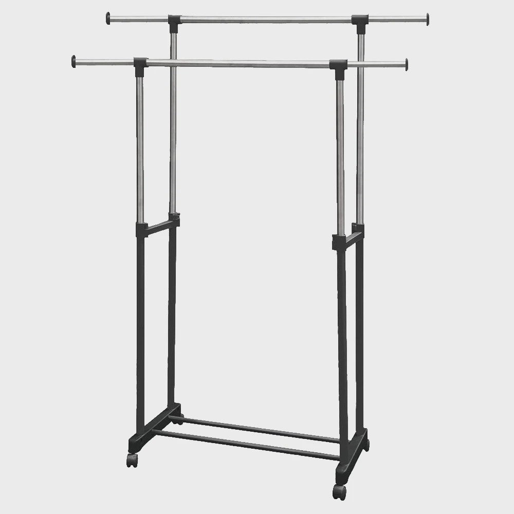 Verstelbare Kledingrek met 2 Hangen Rails en Wielen - 84-150 cm Breed