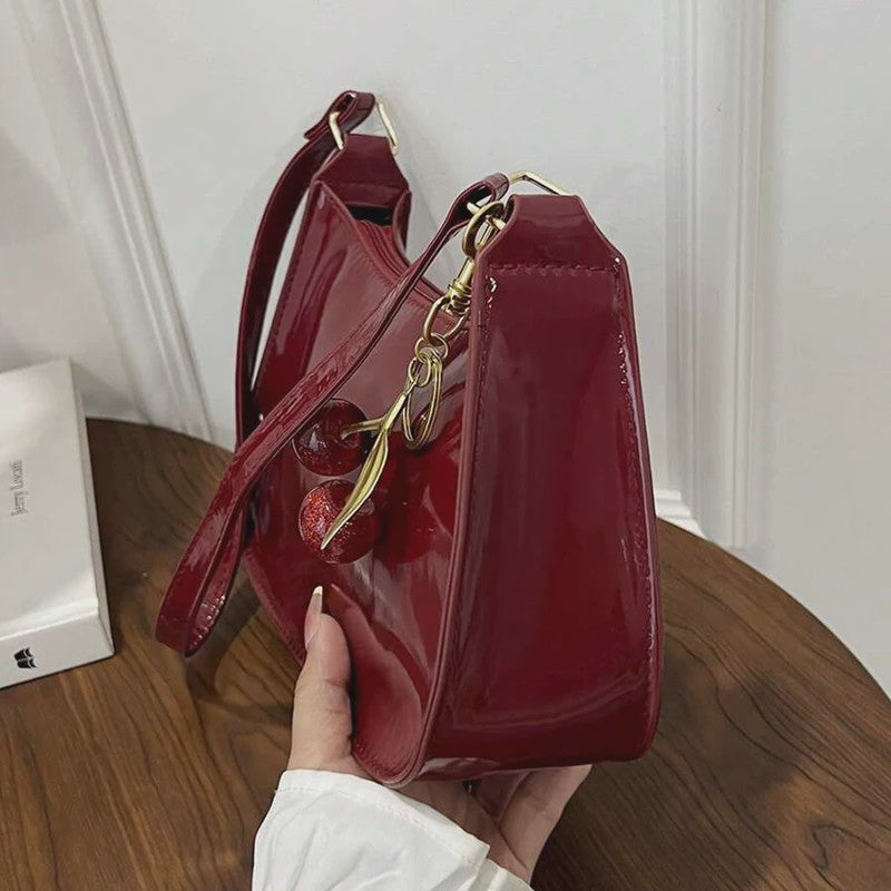 Retro PU Leren Schoudertas Dames met Kersenhanger - Vintage Crossbody Tas