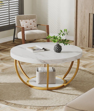 Ronde Marmerlook Salontafel met Gouden Onderstel - 32 inch, 2 Niveaus
