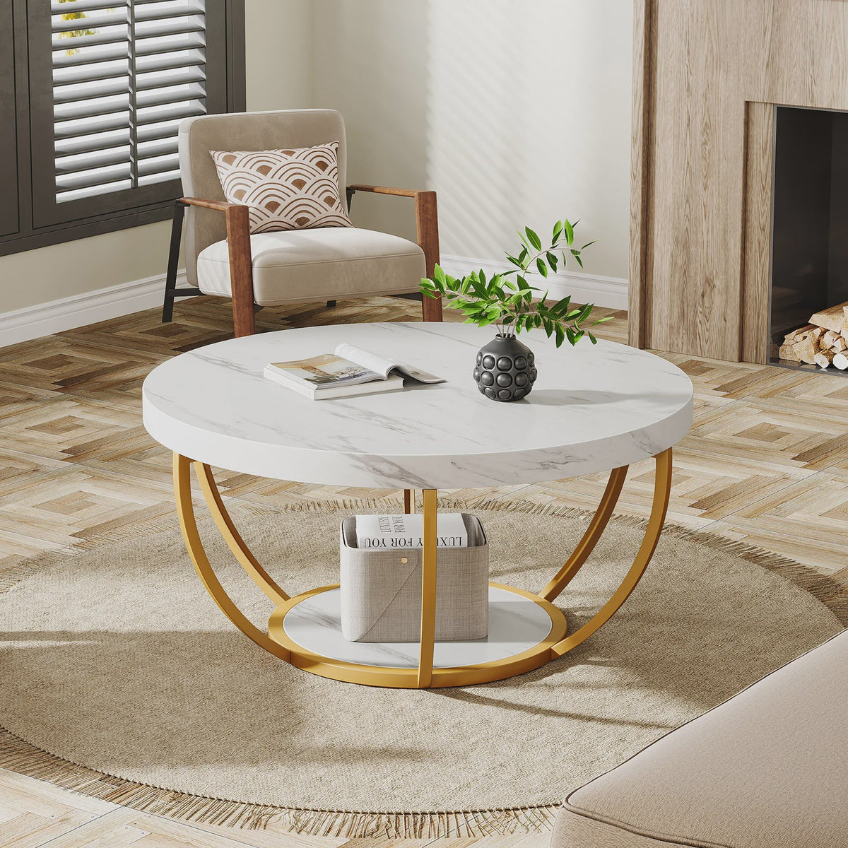 Ronde Marmerlook Salontafel met Gouden Onderstel - 32 inch, 2 Niveaus