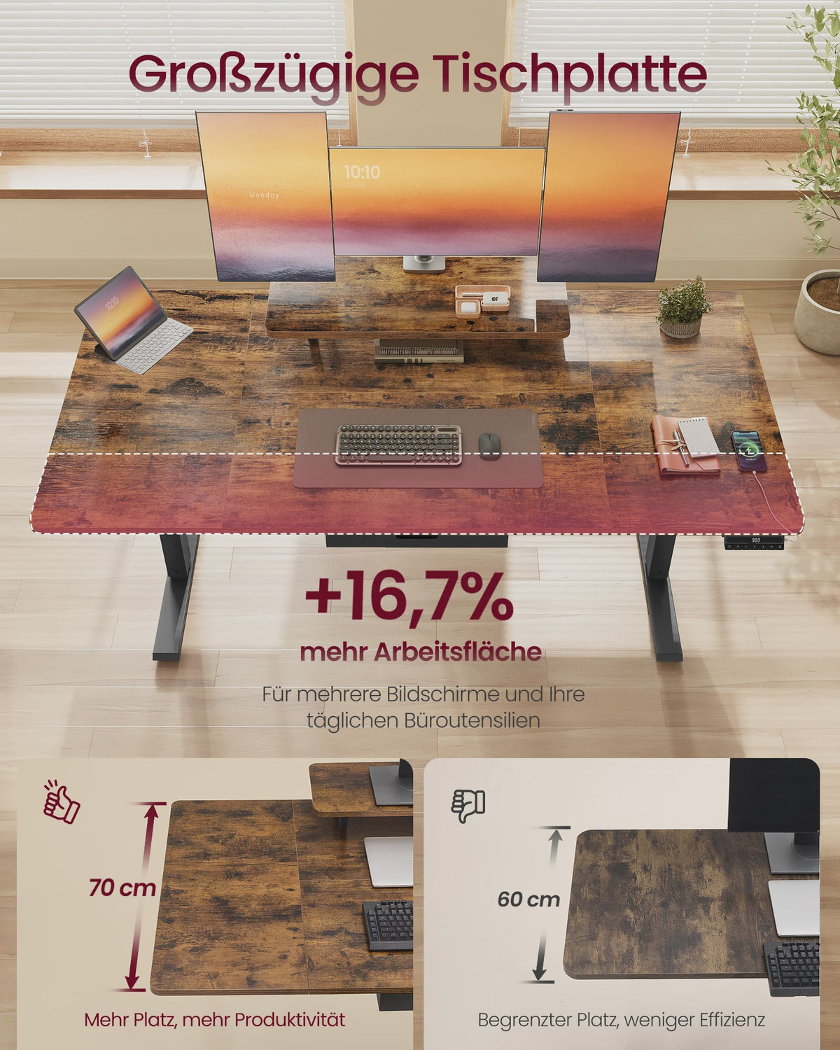 VASAGLE Elektrisch In hoogte Verstelbaar Bureau met Monitorverhoger en Lade - Ergonomisch Werken