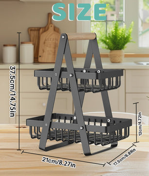 2-Laags Fruitmand met Houten Handvat - Afneembare Manden voor Fruit, Groenten & Snacks