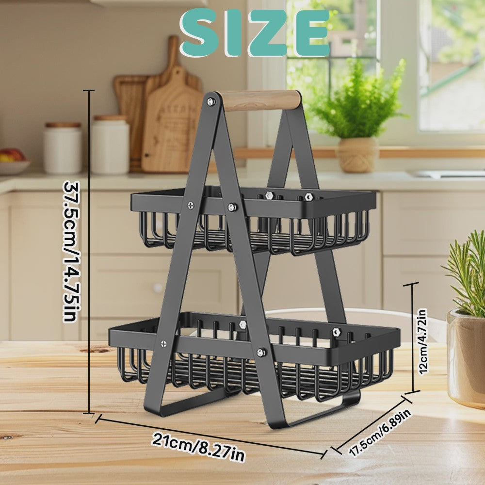 2-Laags Fruitmand met Houten Handvat - Afneembare Manden voor Fruit, Groenten & Snacks