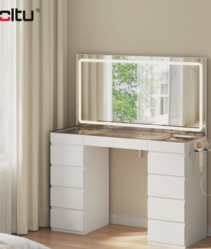 WOLTU Kaptafel met LED Spiegel, 11 Lades, Glazen Top & Oplaadpunt - Luxe Make-up Tafel