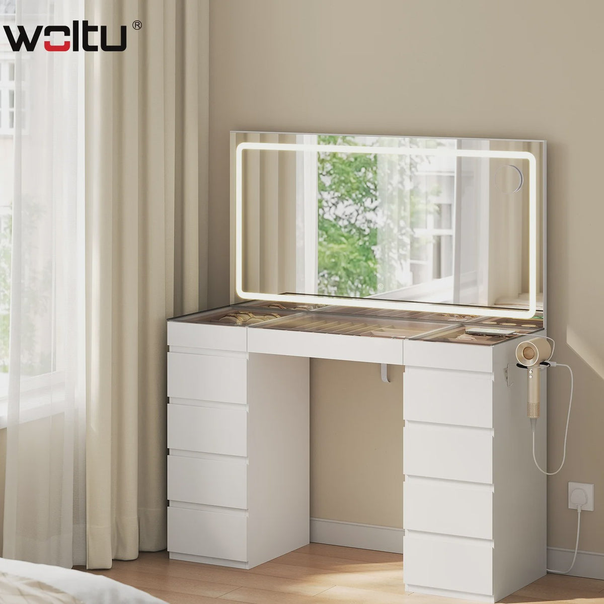 WOLTU Kaptafel met LED Spiegel, 11 Lades, Glazen Top & Oplaadpunt - Luxe Make-up Tafel