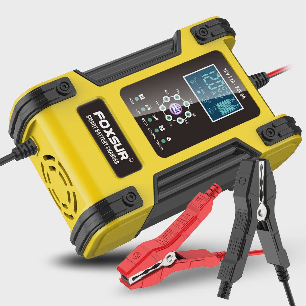 Foxsur Slimme Automatische Acculader 12V/24V met Digitaal Display en Reparatie Modus