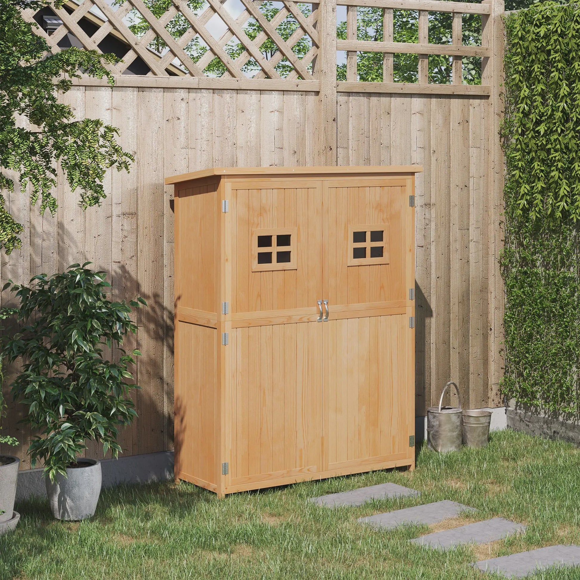 Outsunny Houten Tuin Opbergkast - Waterdicht Dak, 2 Deuren, 2 Planken