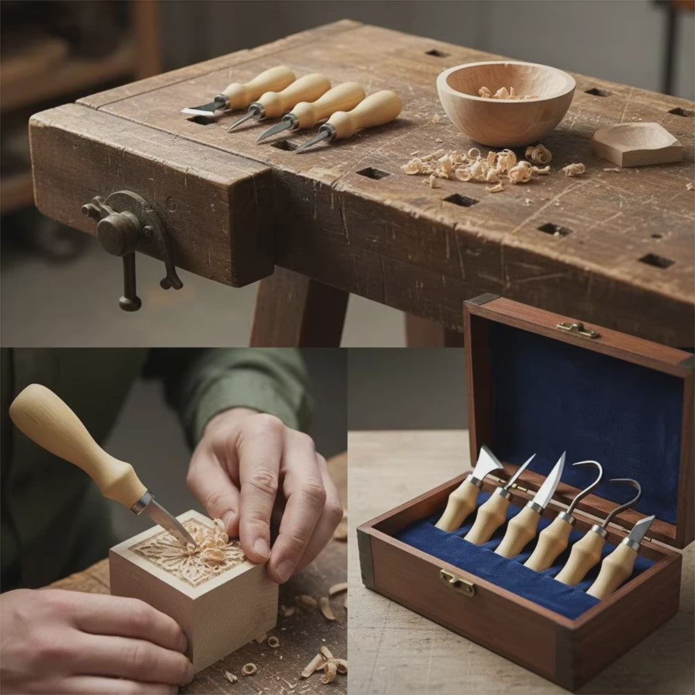 5-delige Houtsnijset met Beukenhouten Handvat - Scherpe Gereedschappen voor Kunst & Ambacht