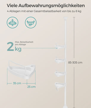 In hoogte verstelbare douchehoek rek met 4 plateaus - Geen boren nodig - Wit/Zwart