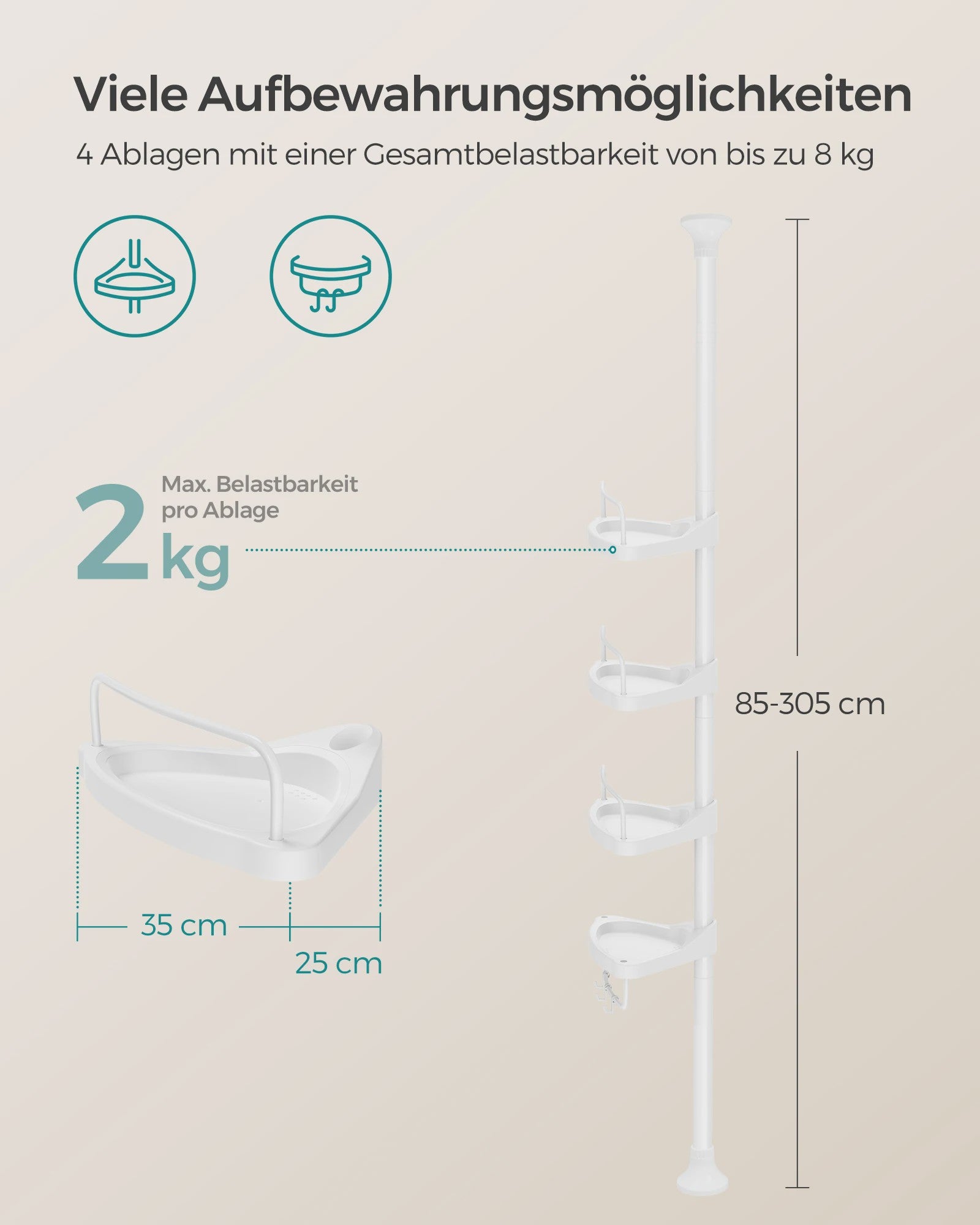 In hoogte verstelbare douchehoek rek met 4 plateaus - Geen boren nodig - Wit/Zwart