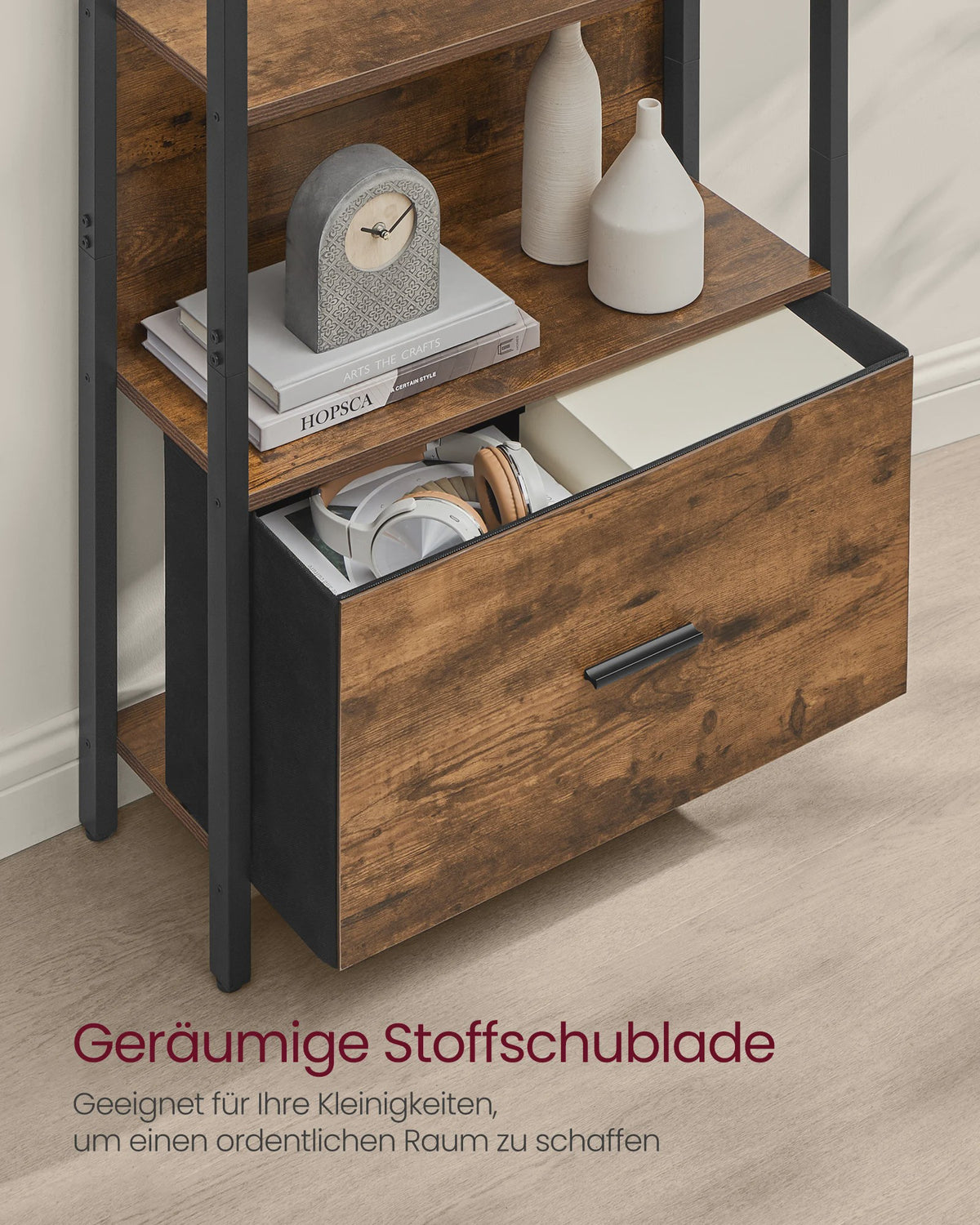 VASAGLE Industriële Boekenkast met Lade - 5 Lagen, Ladder Design, Staal Frame