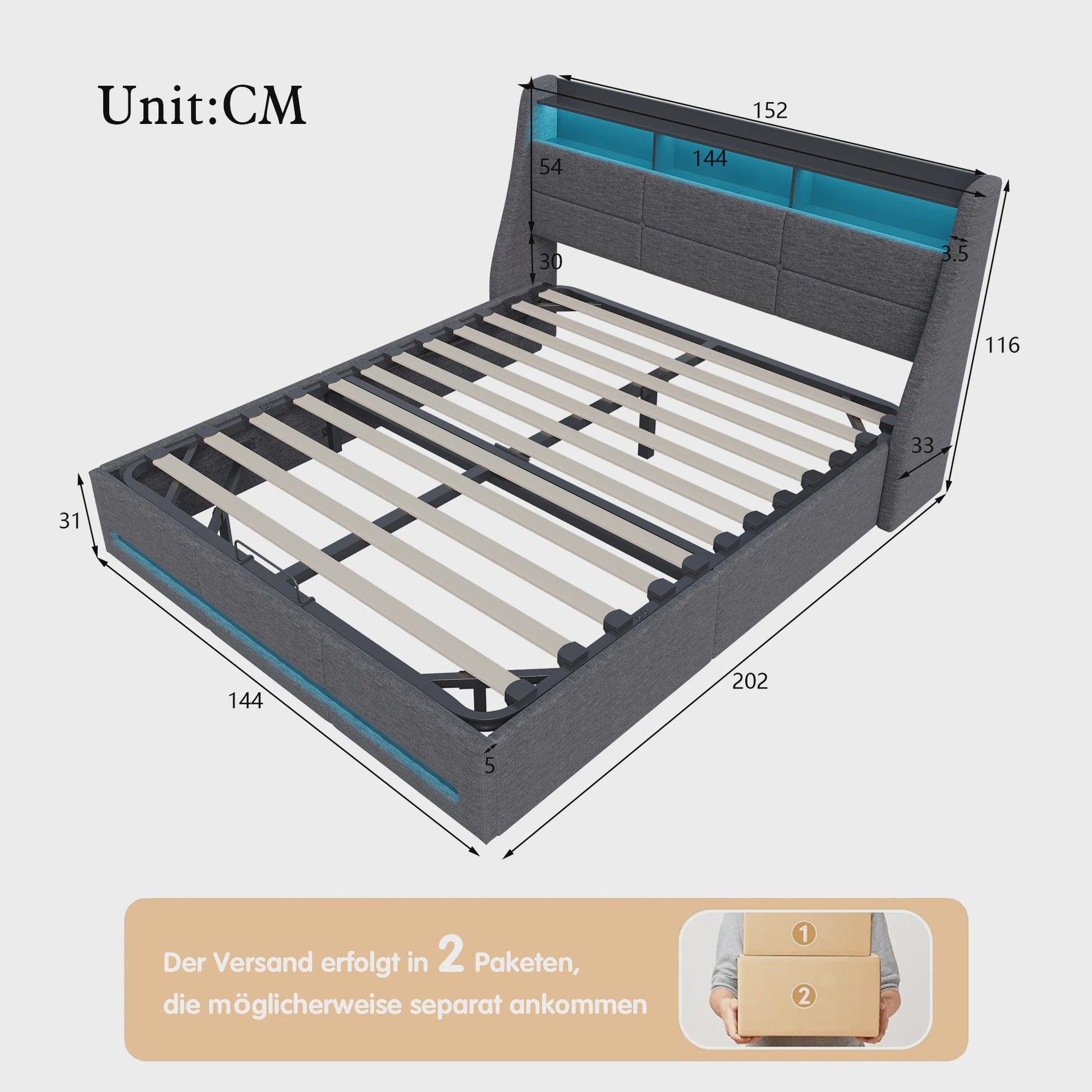 Luxe Gestoffeerd Bed 140/160x200cm met LED Verlichting, USB en Opbergruimte