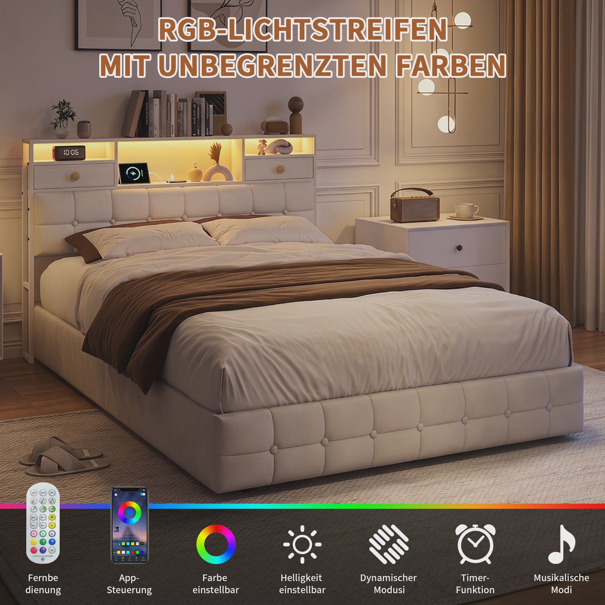 Boxspring Bed 140x200 met Hydraulische Opbergruimte en Multifunctioneel Hoofdbord - Velvet