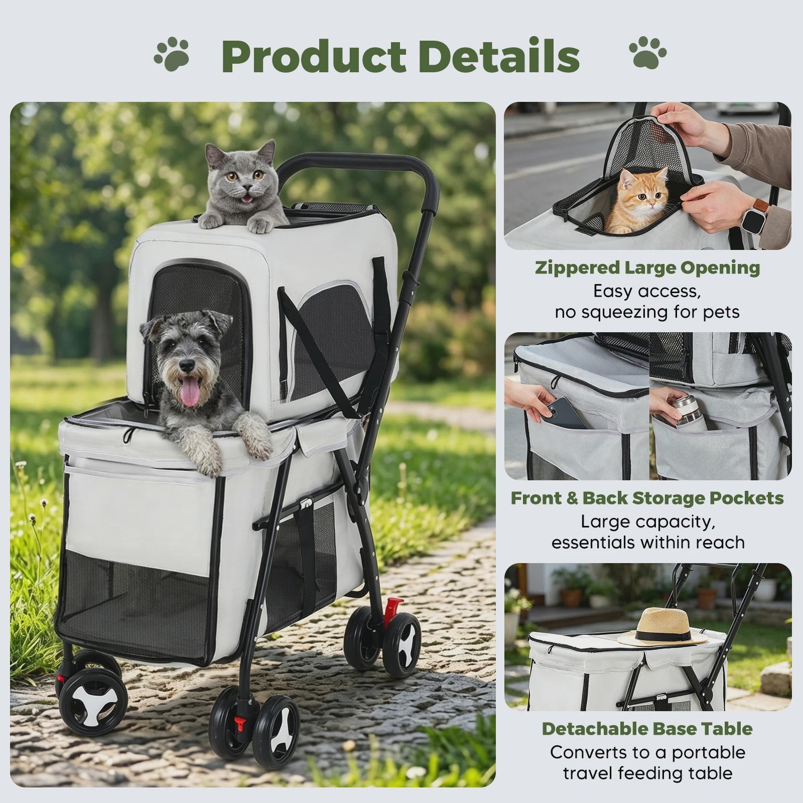 3-in-1 Hondenbuggy met 2 Niveaus - Draagbaar, Opvouwbaar & Veilig - Grijs