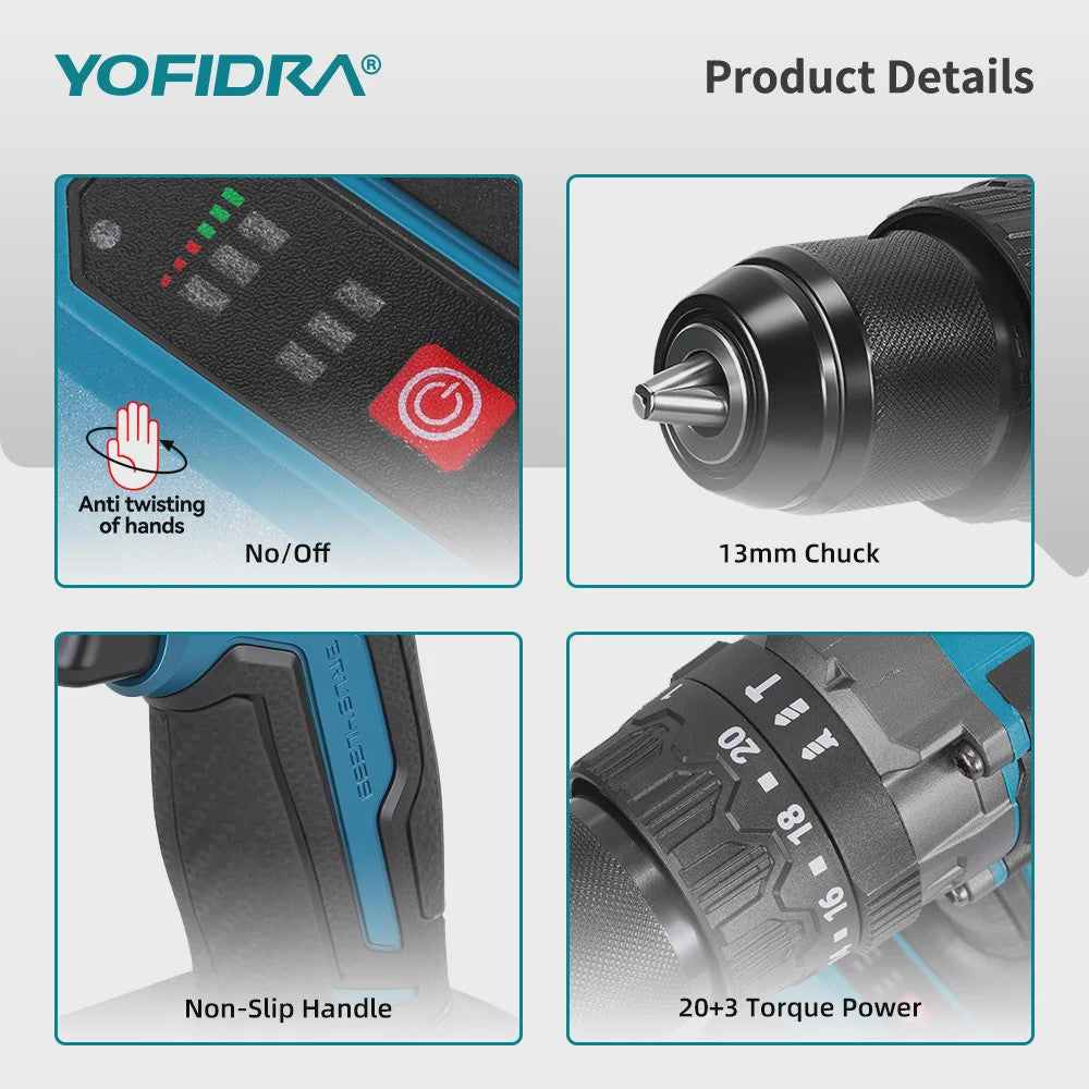 YOFIDRA 21V Brushless Accuboormachine 900Nm 13mm - Krachtige Boor- en Schroefmachine