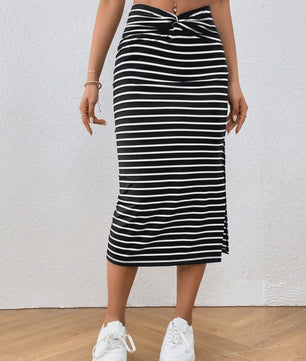 Dames Midi Rok met Streepjes, Knoopdetail en Split