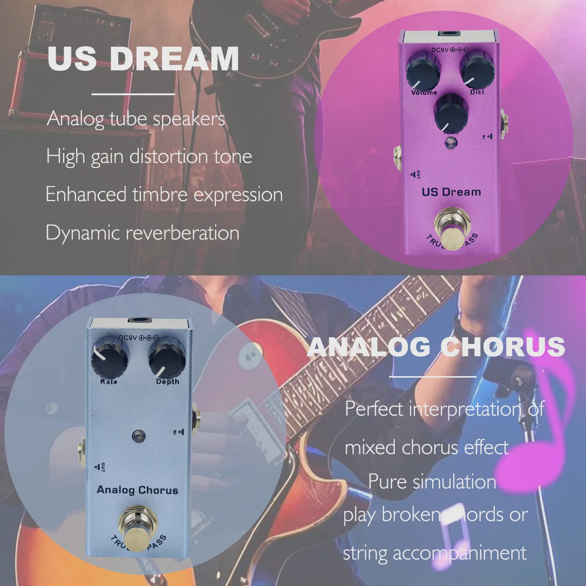 Veelzijdige Gitaarpedaal: Overdrive, Distortion, Chorus, Delay, Tremolo & Analog Delay met True Bypass
