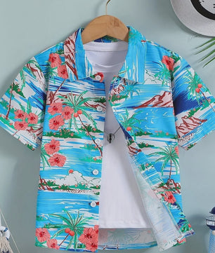 Kinder Hawaii Blouse Korte Mouw met Palmbomen Print - Perfect voor Vakantie en Buitenplezier