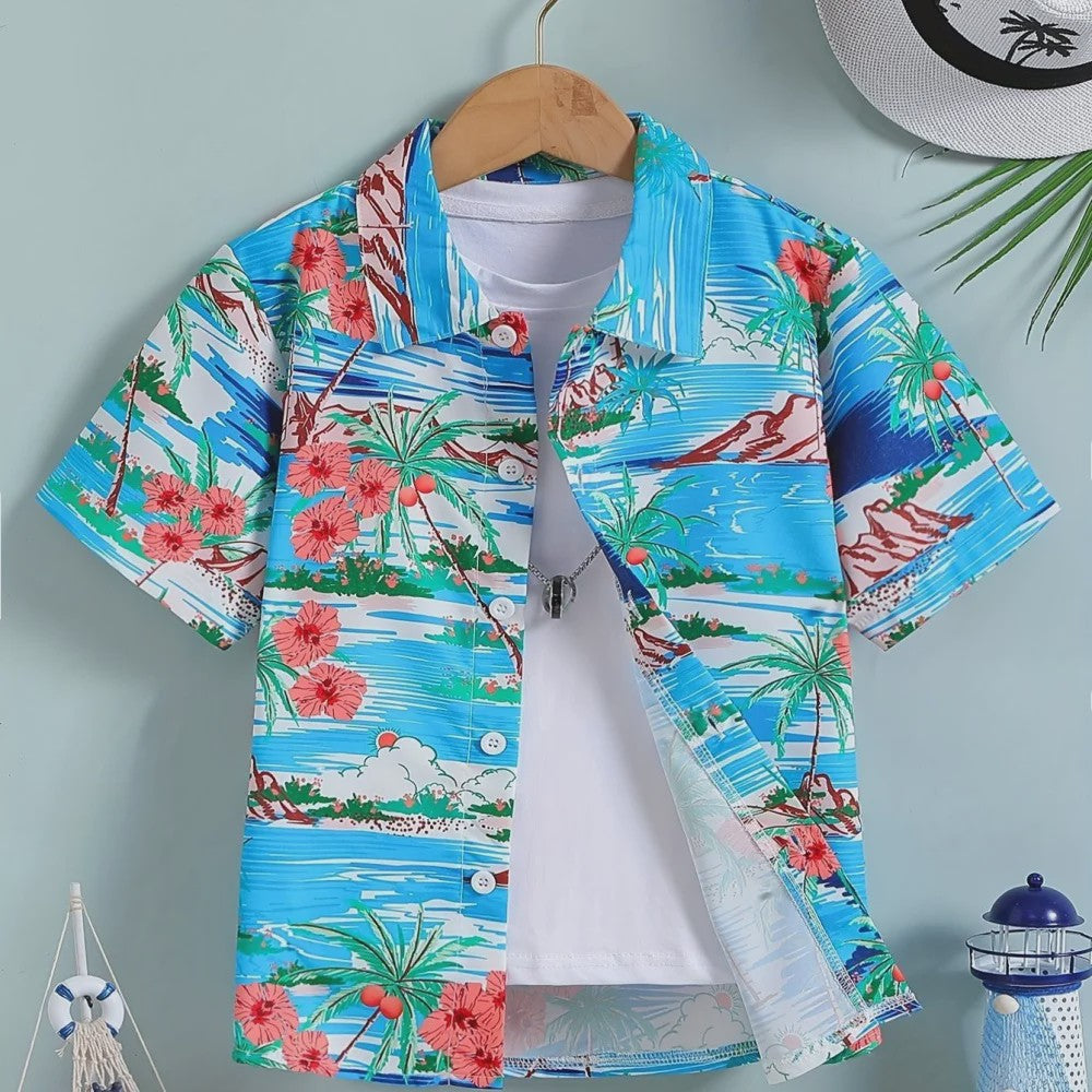 Kinder Hawaii Blouse Korte Mouw met Palmbomen Print - Perfect voor Vakantie en Buitenplezier