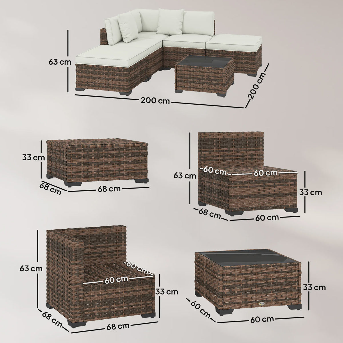 Outsunny Loungeset 6-delig Rotan Tuinmeubelen met Kussens en Salontafel
