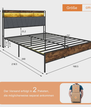 90x200cm Bedframe met LED Opberg Hoofdbord - Metaal & Hout - Gestoffeerd - Geen Boxspring Nodig
