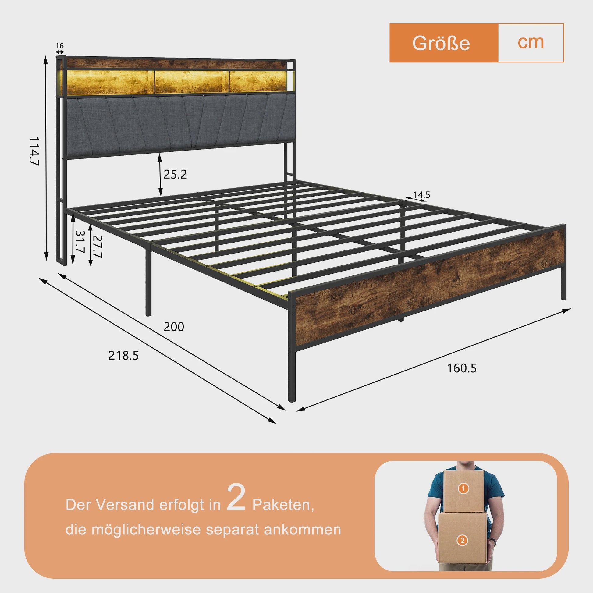 90x200cm Bedframe met LED Opberg Hoofdbord - Metaal & Hout - Gestoffeerd - Geen Boxspring Nodig