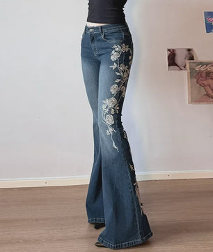 Dames Jeans met Retro Bloemenborduurwerk - Y2k Stijl Flared Broek