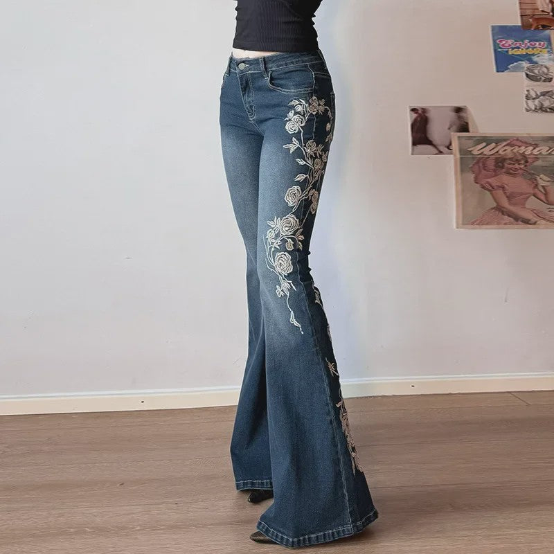 Dames Jeans met Retro Bloemenborduurwerk - Y2k Stijl Flared Broek